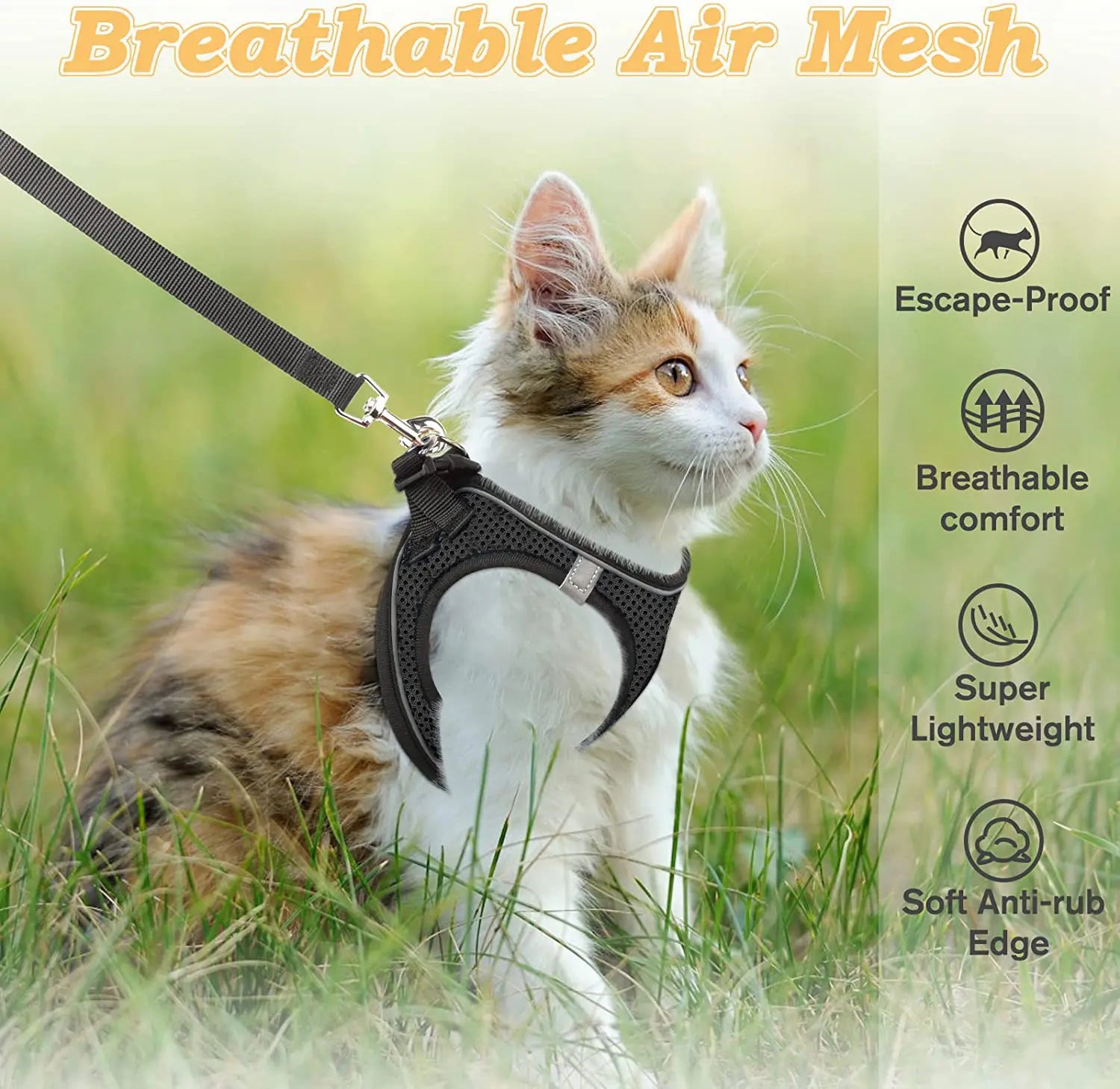 Escape Proof Cat Harness & Leash (≤13 lbs)Adjustable Reflective Soft Mesh Vest for Easy Safe Walks with Leash Included