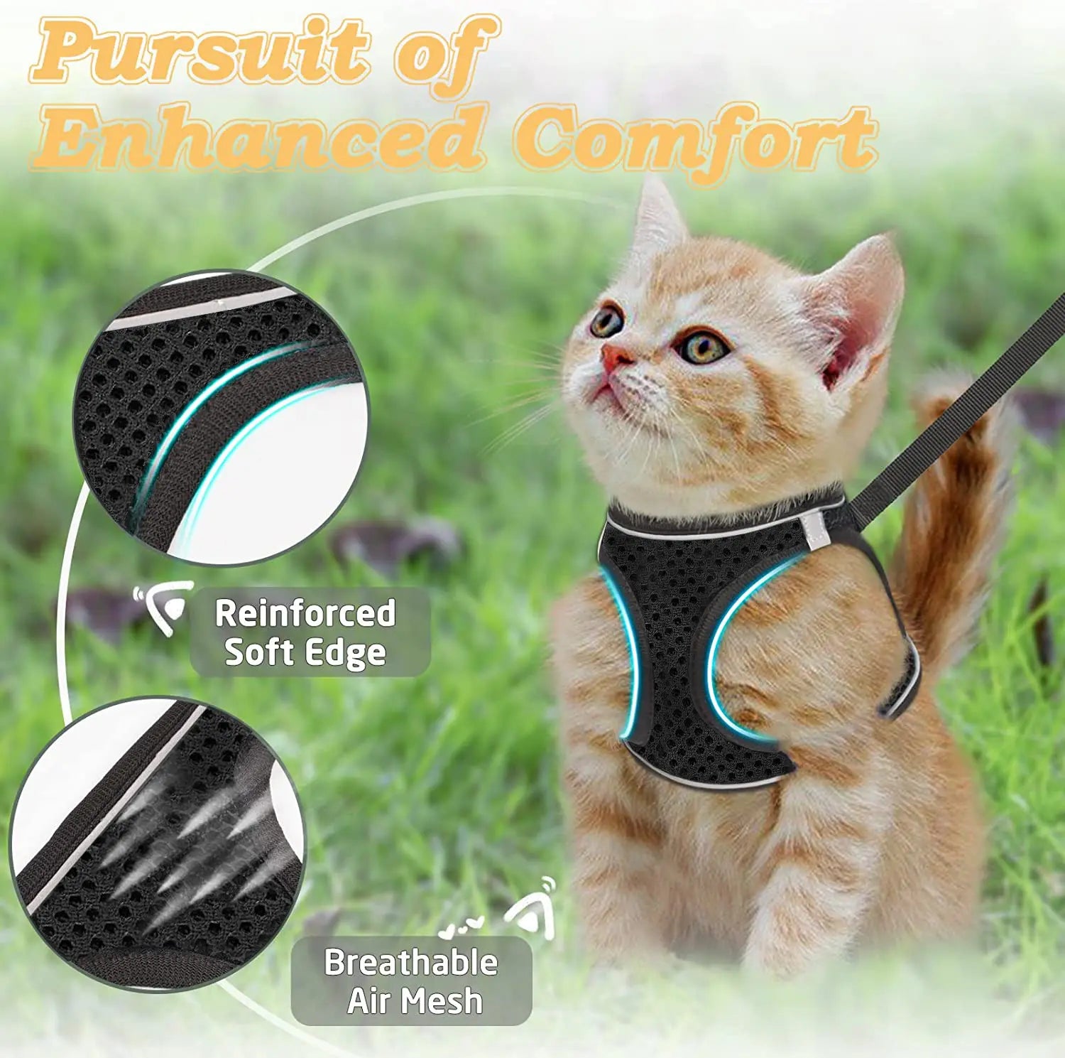 Escape Proof Cat Harness & Leash (≤13 lbs)Adjustable Reflective Soft Mesh Vest for Easy Safe Walks with Leash Included