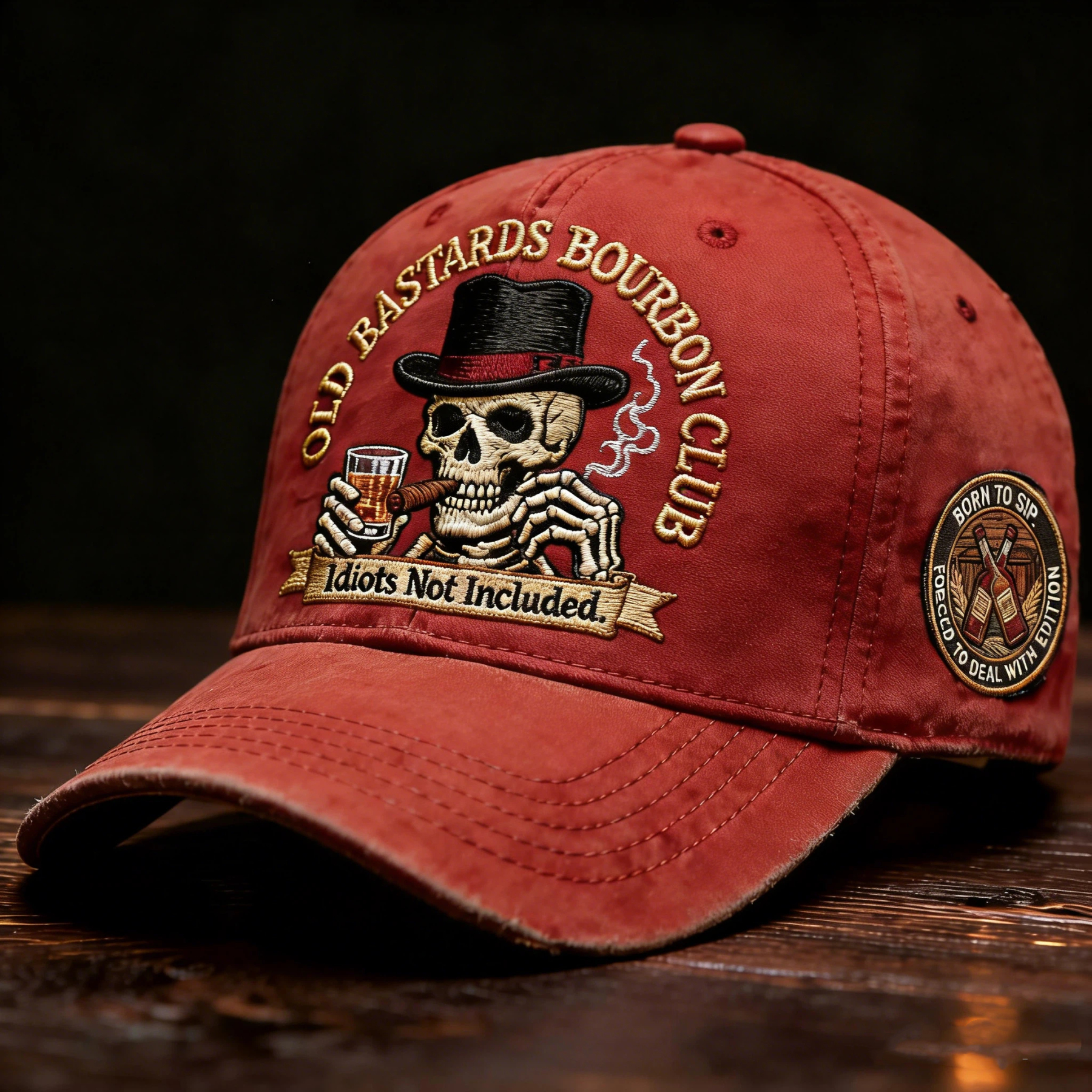 “Old Bastards Bourbon Club Hat — For Men Who Don’t Give a Damn.”