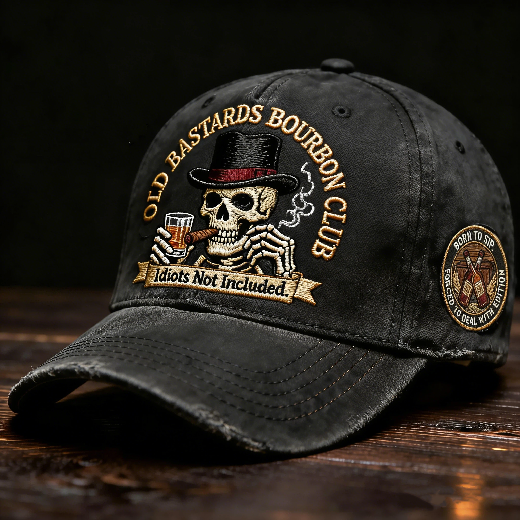“Old Bastards Bourbon Club Hat — For Men Who Don’t Give a Damn.”