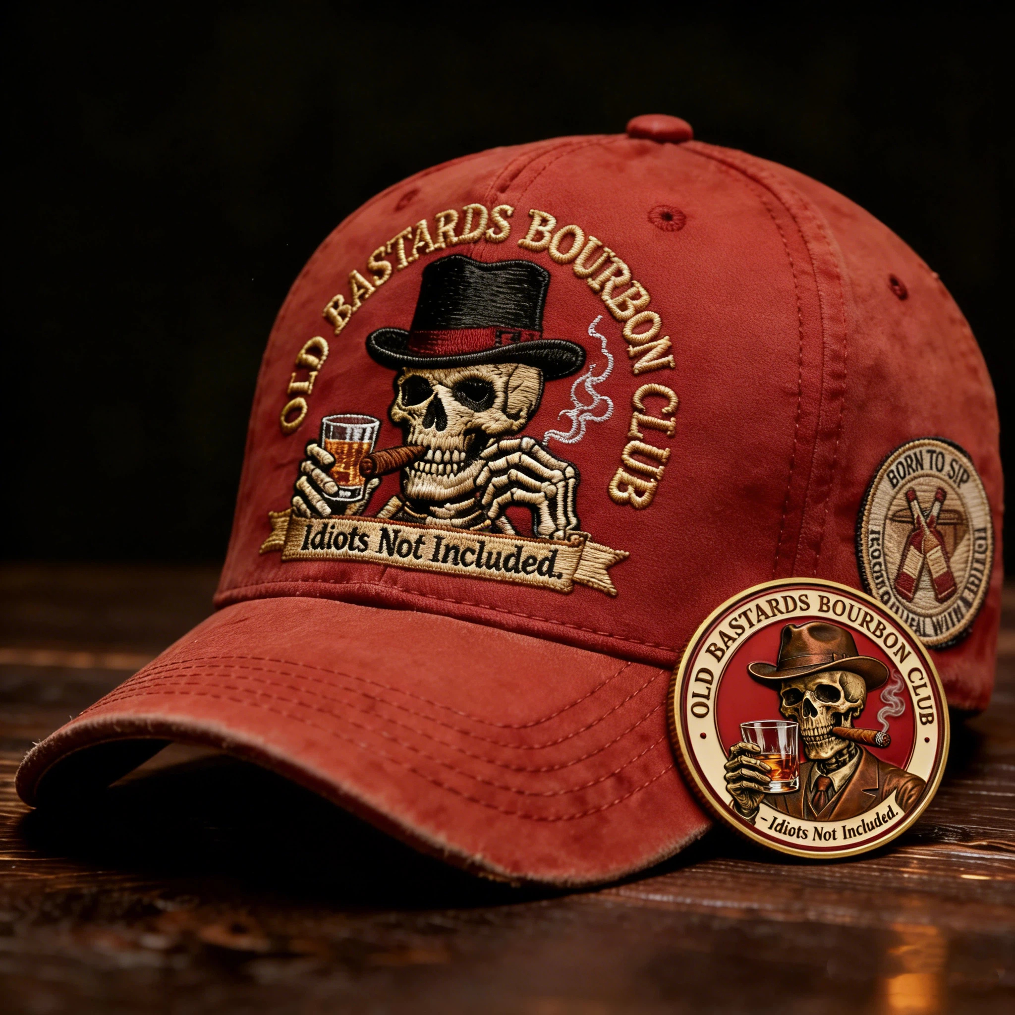 “Old Bastards Bourbon Club Hat — For Men Who Don’t Give a Damn.”