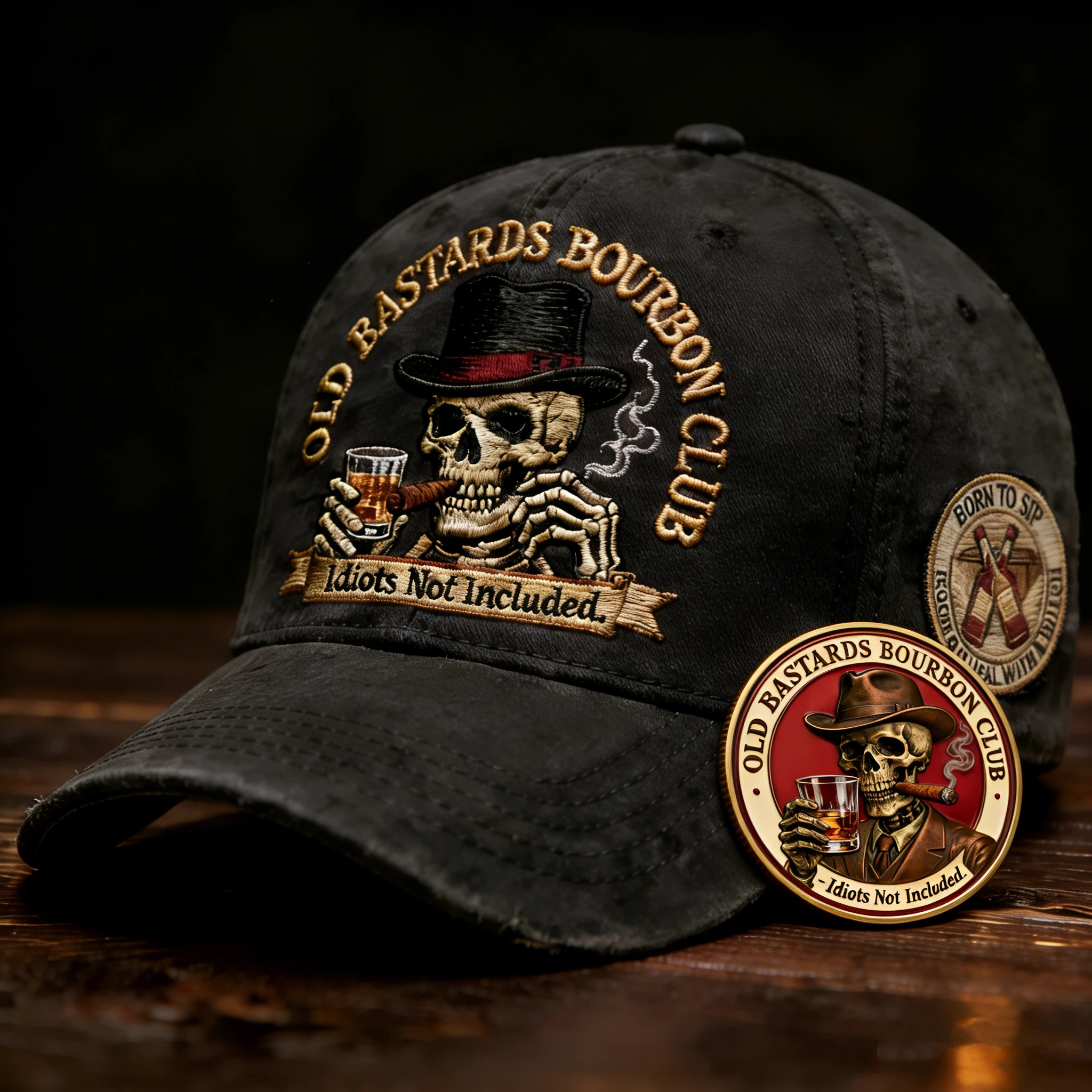 “Old Bastards Bourbon Club Hat — For Men Who Don’t Give a Damn.”