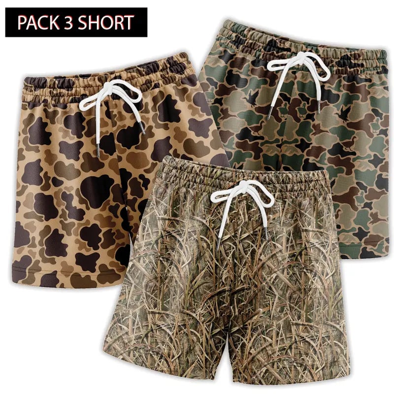 Pack 3 Duck Hunting Camo Shorts - 5 Inch Inseam Camo Mesh Design
