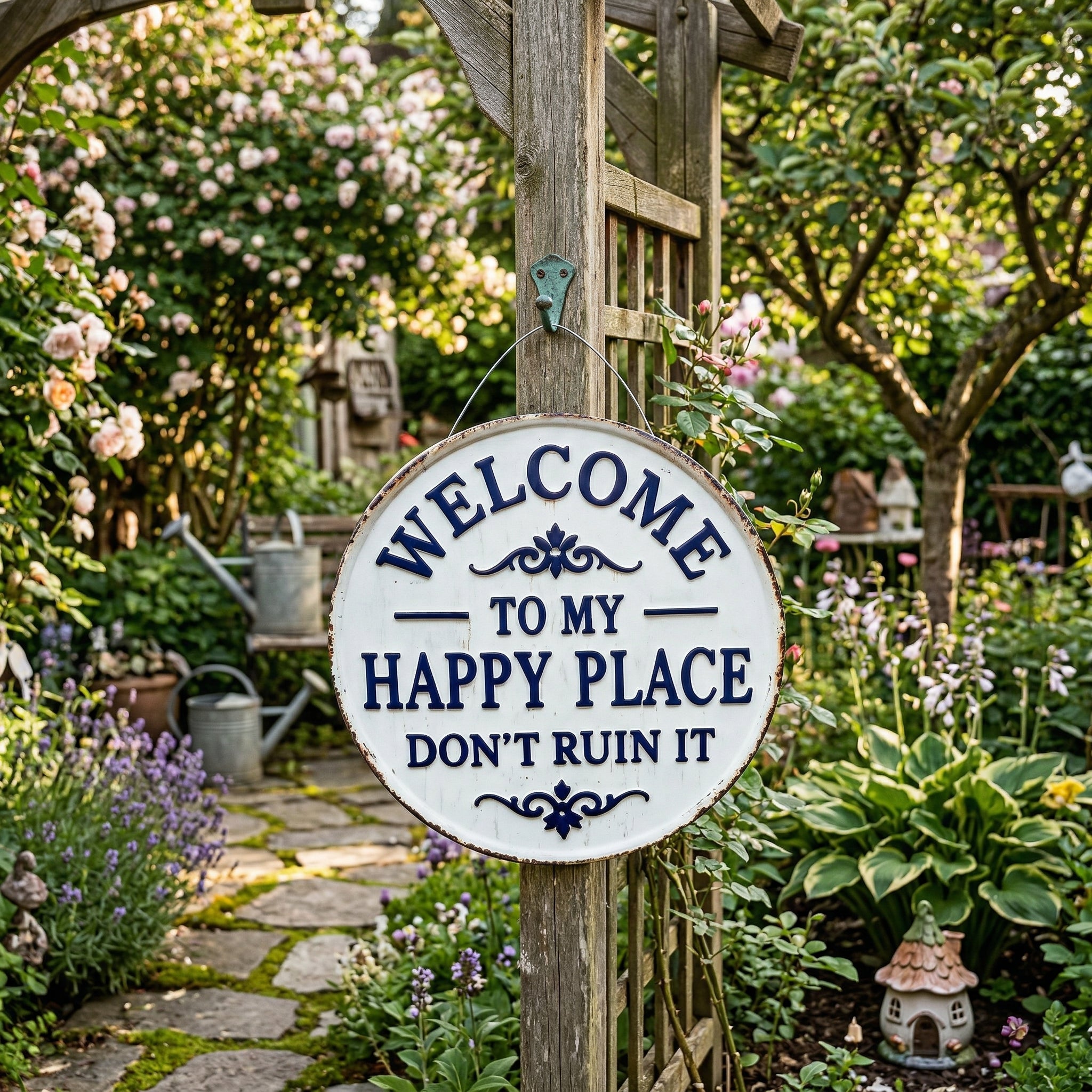 Vintage Round Metal Sign – “Welcome to My Happy Place Don’t Ruin It” Garden Wall Decor