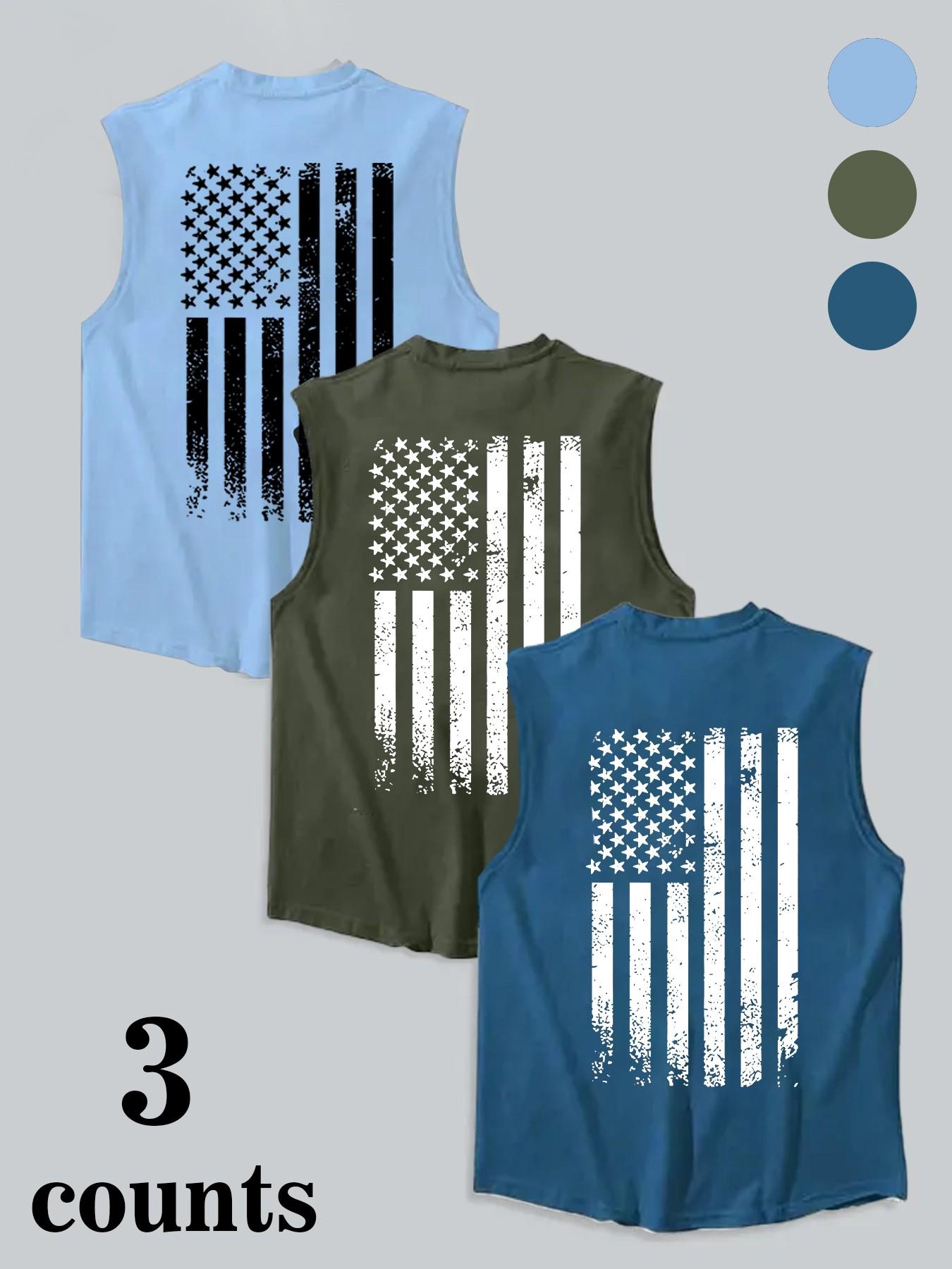 Men's American Flag Print Tank Top, Regular Fit Casual Sleeveless Top for Summer, Men's Clothes for Daily Wear, Socks
