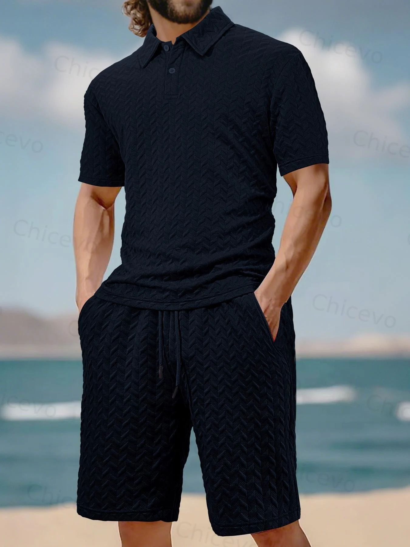 Men's Solid Polo Shirt & Drawstring Waist Shorts Set, Cozy Breathable Casual Two-piece Outfits for Daily Outdoor Wear, Men Clothes for Summer