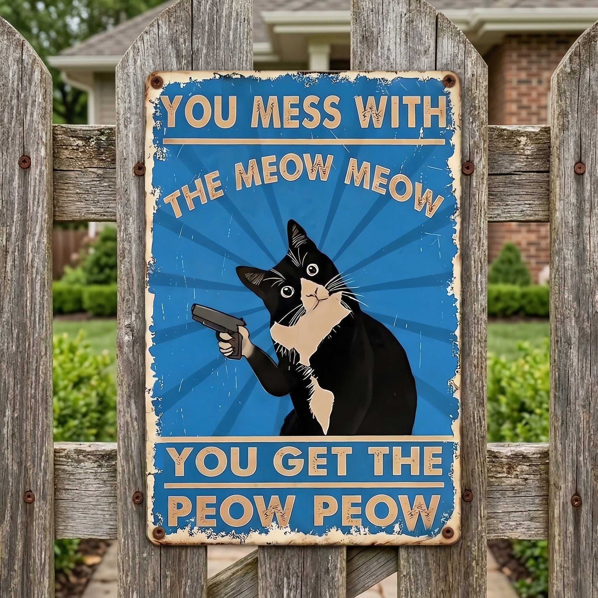 Vintage Black & White Cat Sign – Funny “You Mess With The Meow Meow, You Get The Peow Peow” Wall Decor 😂🐱