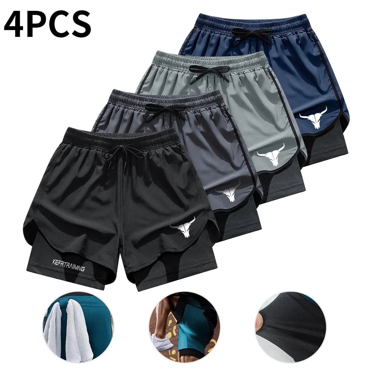 Men’s 2-in-1 Quick-Dry Gym Shorts (4-Pack) 🩳 | Breathable Training Essential 💪 - Black + Dark Gray + Light Gray + Navy Blue / XS