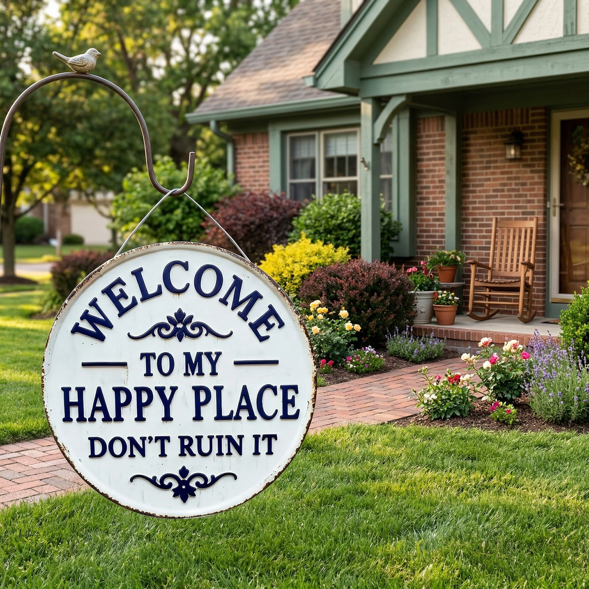 Vintage Round Metal Sign – “Welcome to My Happy Place Don’t Ruin It” Garden Wall Decor