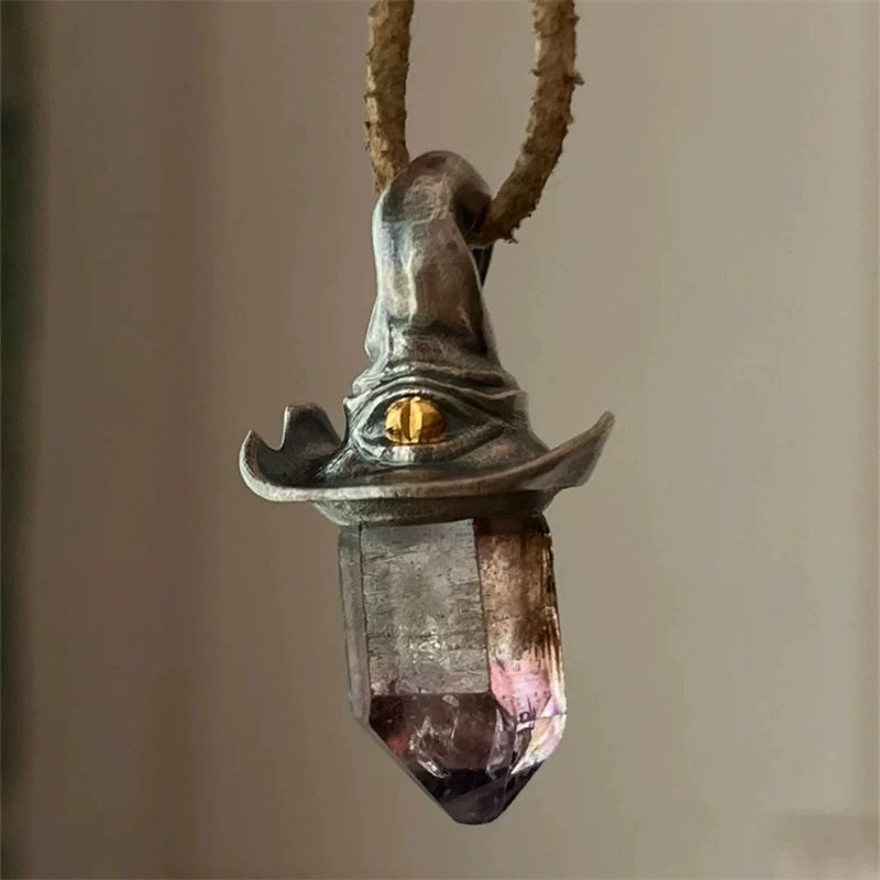 Natural Amethyst Hexagonal Witch Hat Pendant