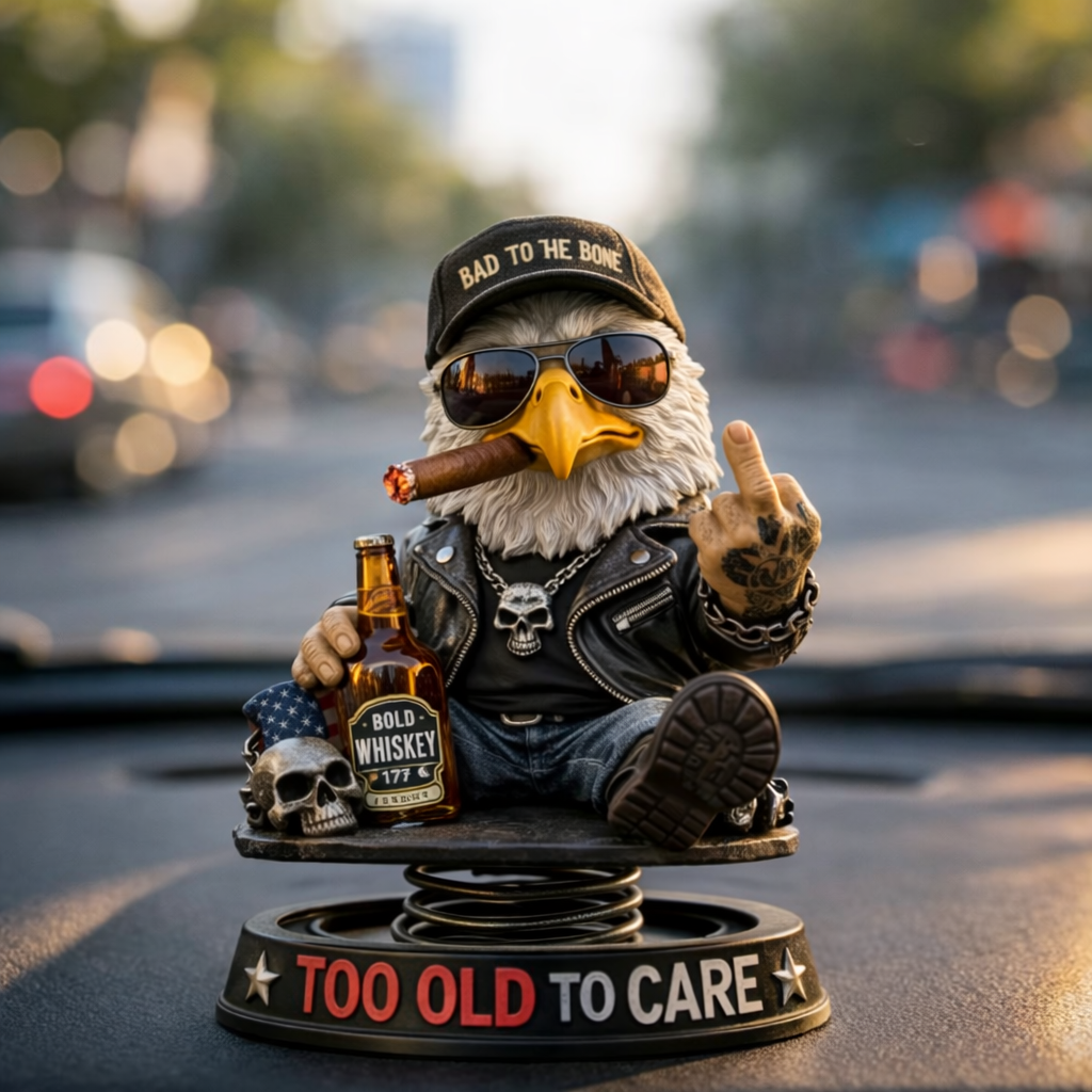 “Too Old To Care” Rebel Eagle Dashboard Bobblehead – Funny Badass Driver Car Ornament