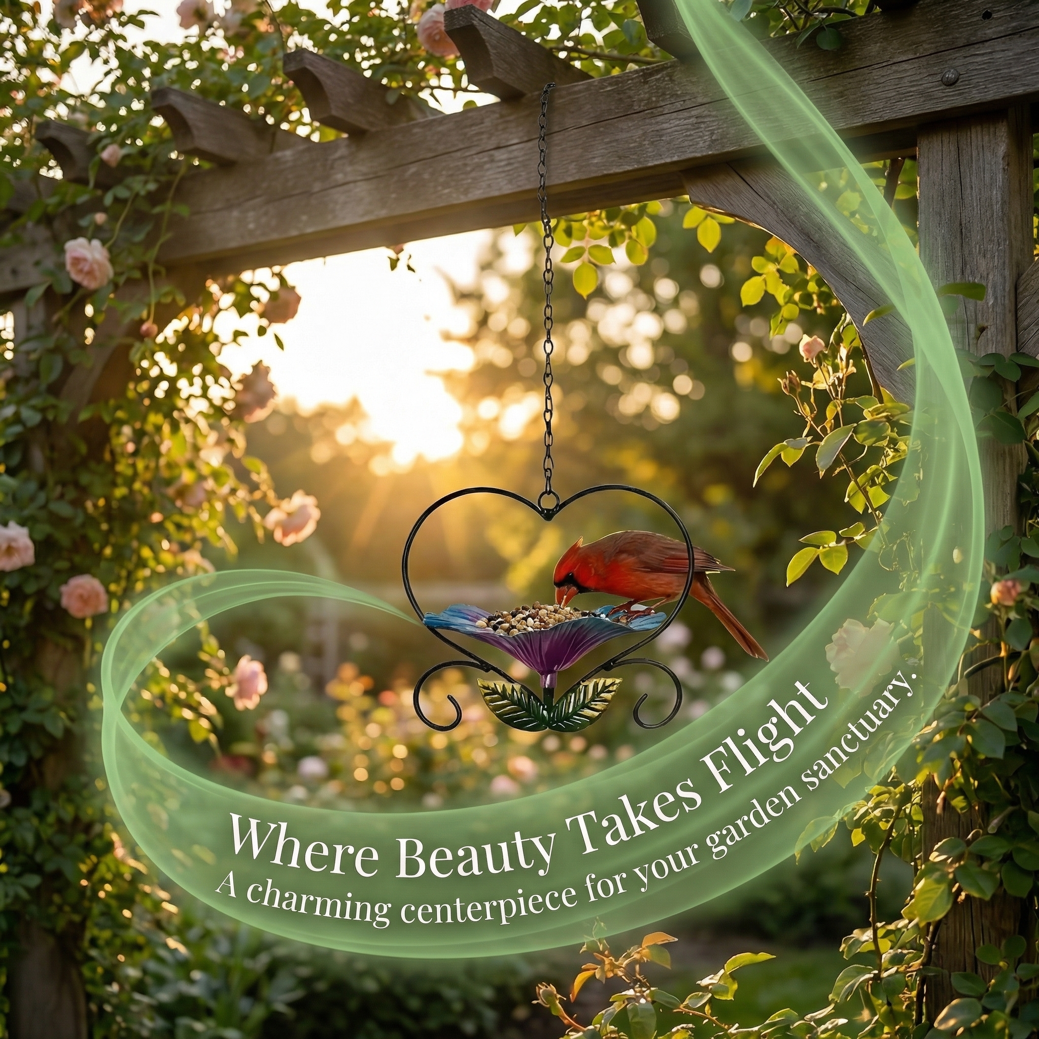 Heart-Shaped Wrought Iron Flower Bird Feeder