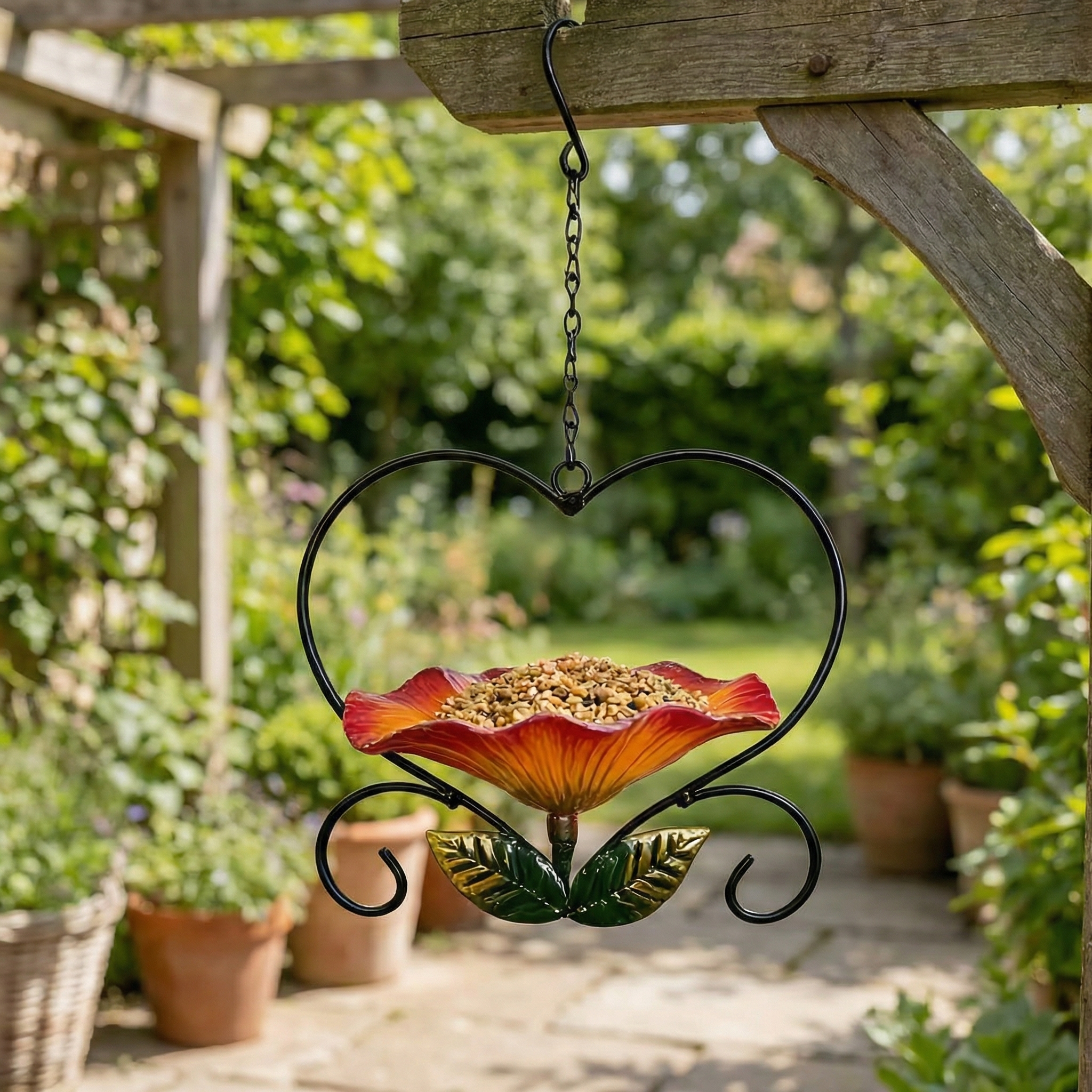 Heart-Shaped Wrought Iron Flower Bird Feeder