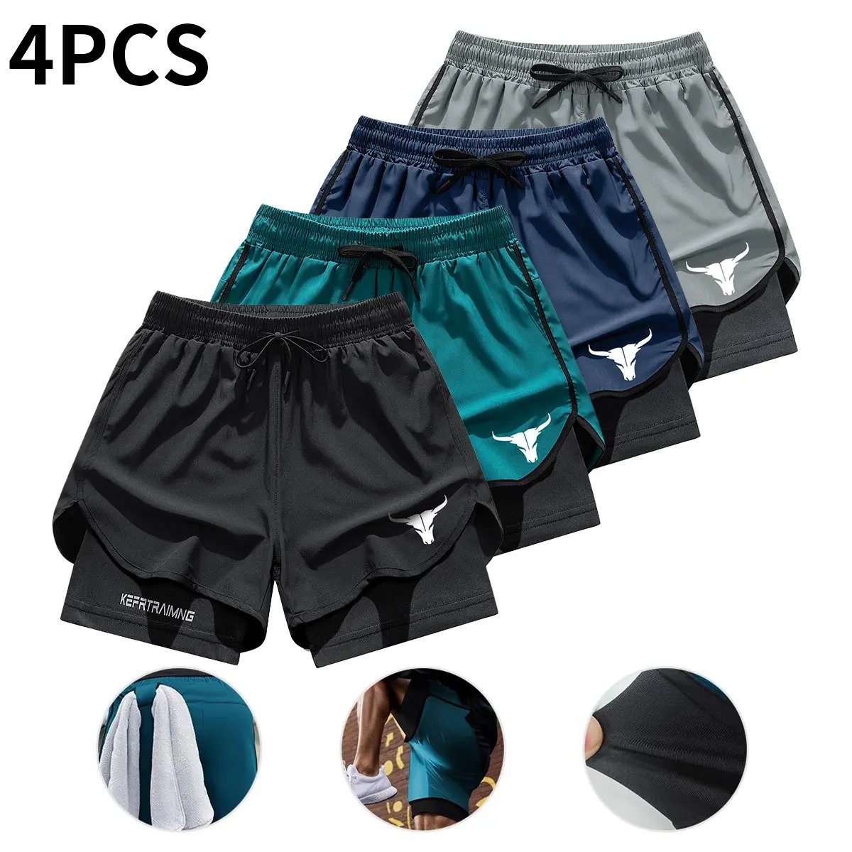 Men’s 2-in-1 Quick-Dry Gym Shorts (4-Pack) 🩳 | Breathable Training Essential 💪 - Black + Dark Gray + Light Gray + Navy Blue / XS