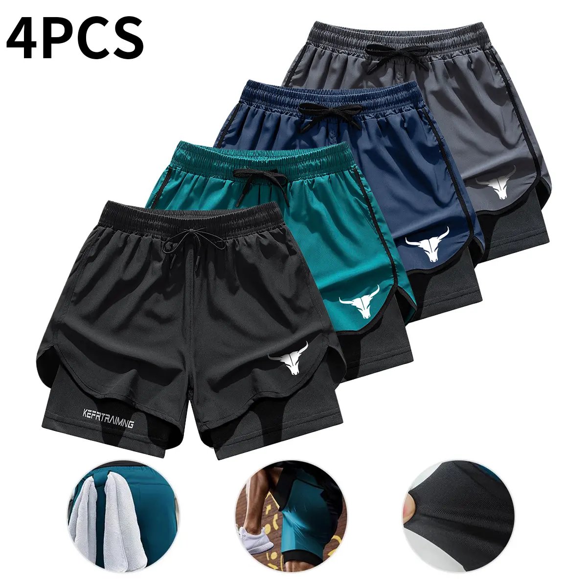 Men’s 2-in-1 Quick-Dry Gym Shorts (4-Pack) 🩳 | Breathable Training Essential 💪 - Black + Dark Gray + Light Gray + Navy Blue / XS