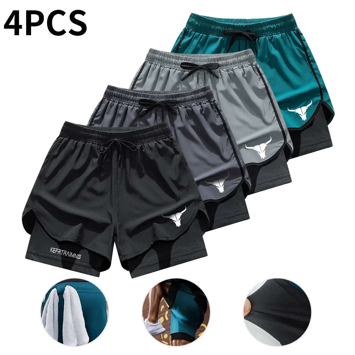 Men’s 2-in-1 Quick-Dry Gym Shorts (4-Pack) 🩳 | Breathable Training Essential 💪 - Black + Dark Gray + Light Gray + Navy Blue / XS