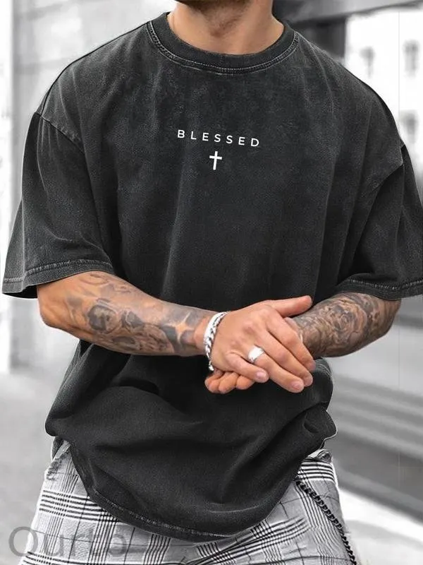 Men's Cross & Letter Print Round Neck Tee, Casual Street Short Sleeve T-shirt for Summer, Men's Top for Daily Wear