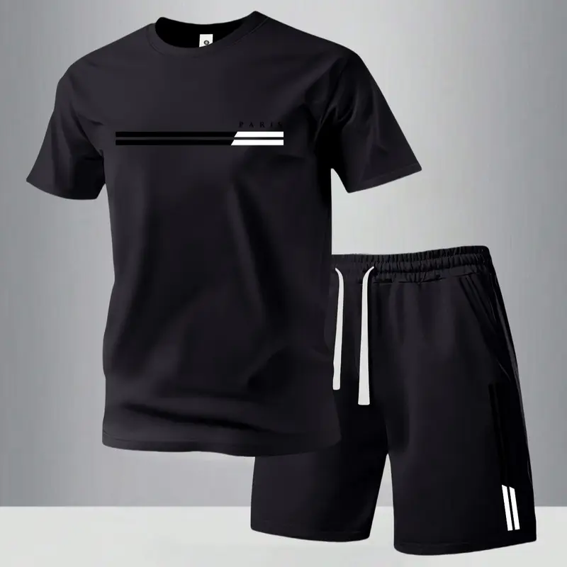 Men's Summer Regular-Fit Cotton Short-Sleeve T-Shirt and Shorts Set with "Paris" Letter Print