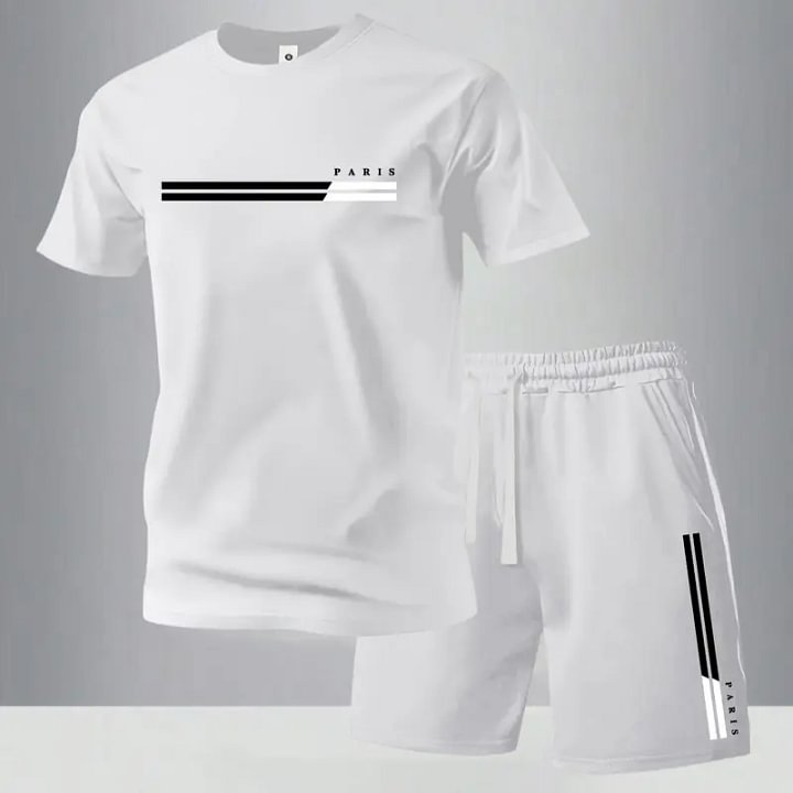 Men's Summer Regular-Fit Cotton Short-Sleeve T-Shirt and Shorts Set with "Paris" Letter Print