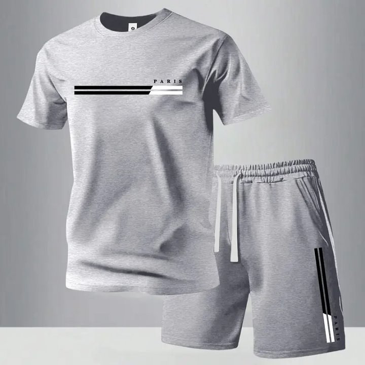 Men's Summer Regular-Fit Cotton Short-Sleeve T-Shirt and Shorts Set with "Paris" Letter Print