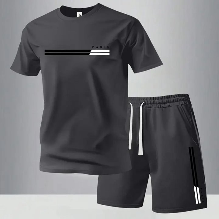 Men's Summer Regular-Fit Cotton Short-Sleeve T-Shirt and Shorts Set with "Paris" Letter Print