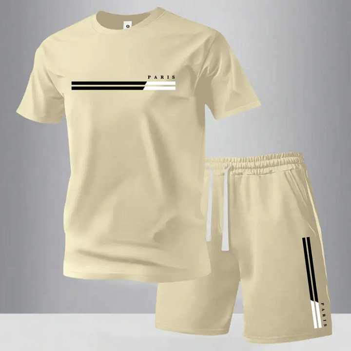 Men's Summer Regular-Fit Cotton Short-Sleeve T-Shirt and Shorts Set with "Paris" Letter Print