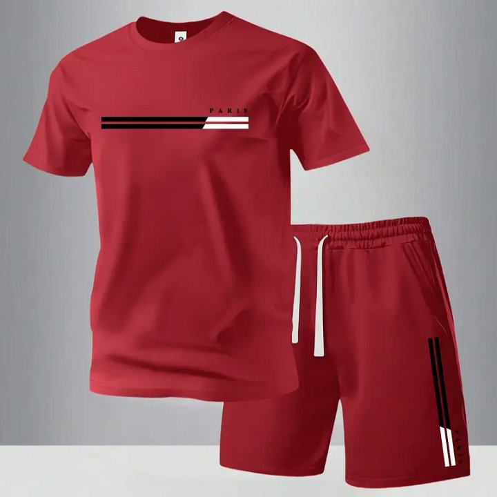 Men's Summer Regular-Fit Cotton Short-Sleeve T-Shirt and Shorts Set with "Paris" Letter Print