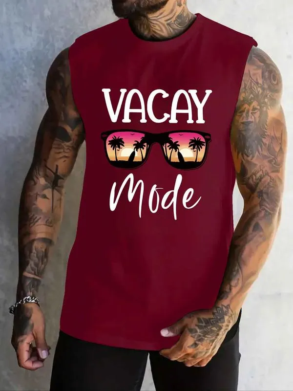 Men's Crew Neck Tank Top with Letter & Glasses Print