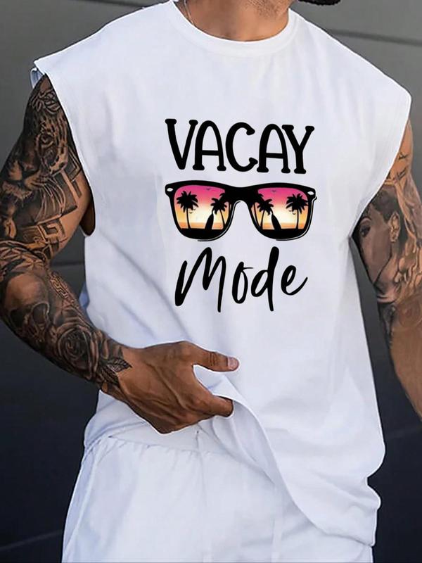 Men's Crew Neck Tank Top with Letter & Glasses Print