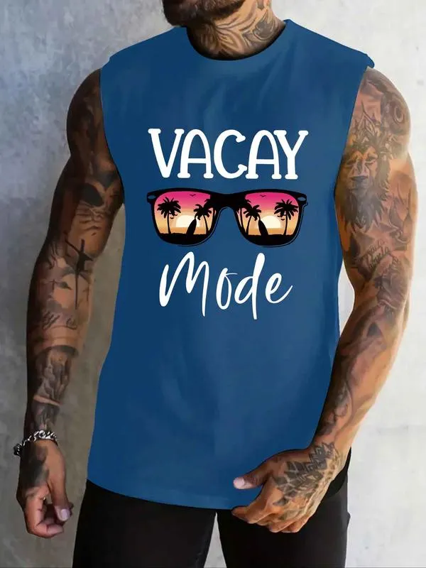Men's Crew Neck Tank Top with Letter & Glasses Print