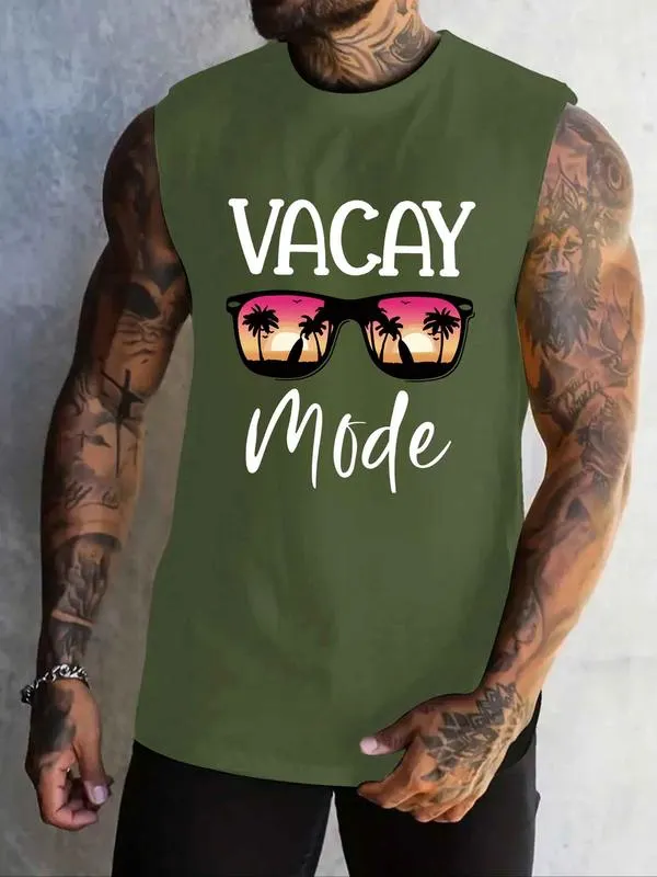 Men's Crew Neck Tank Top with Letter & Glasses Print