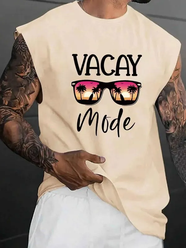Men's Crew Neck Tank Top with Letter & Glasses Print