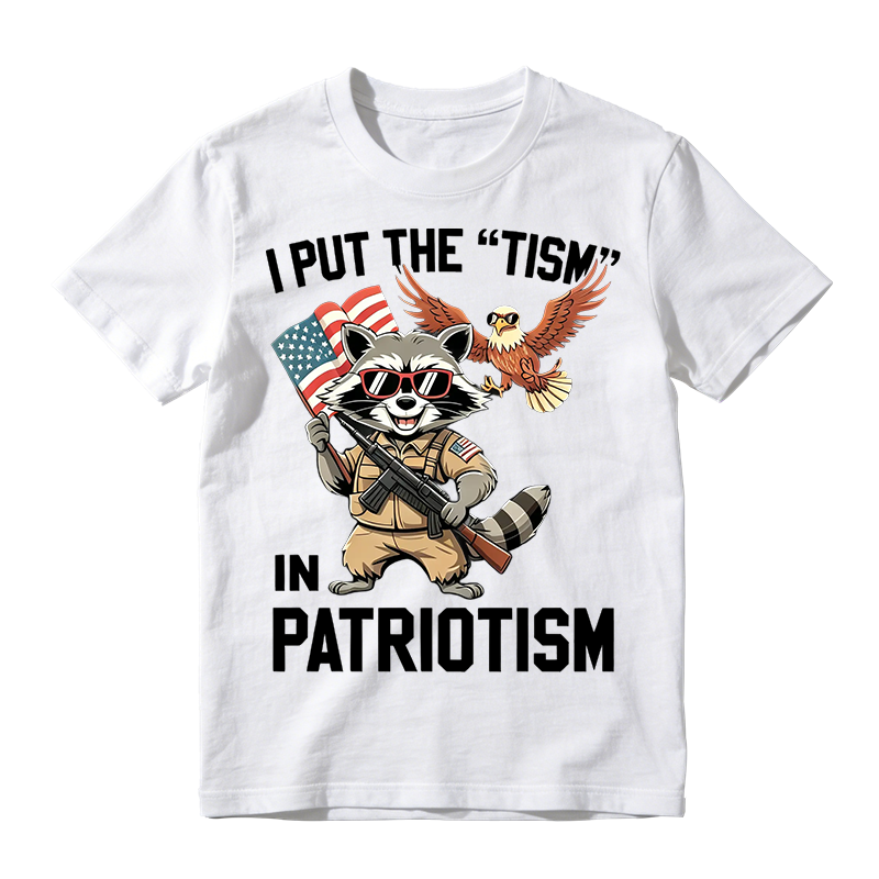 I Put the Tism in Patriotism Funny Raccoon Patriotism Graphic T-Shirt