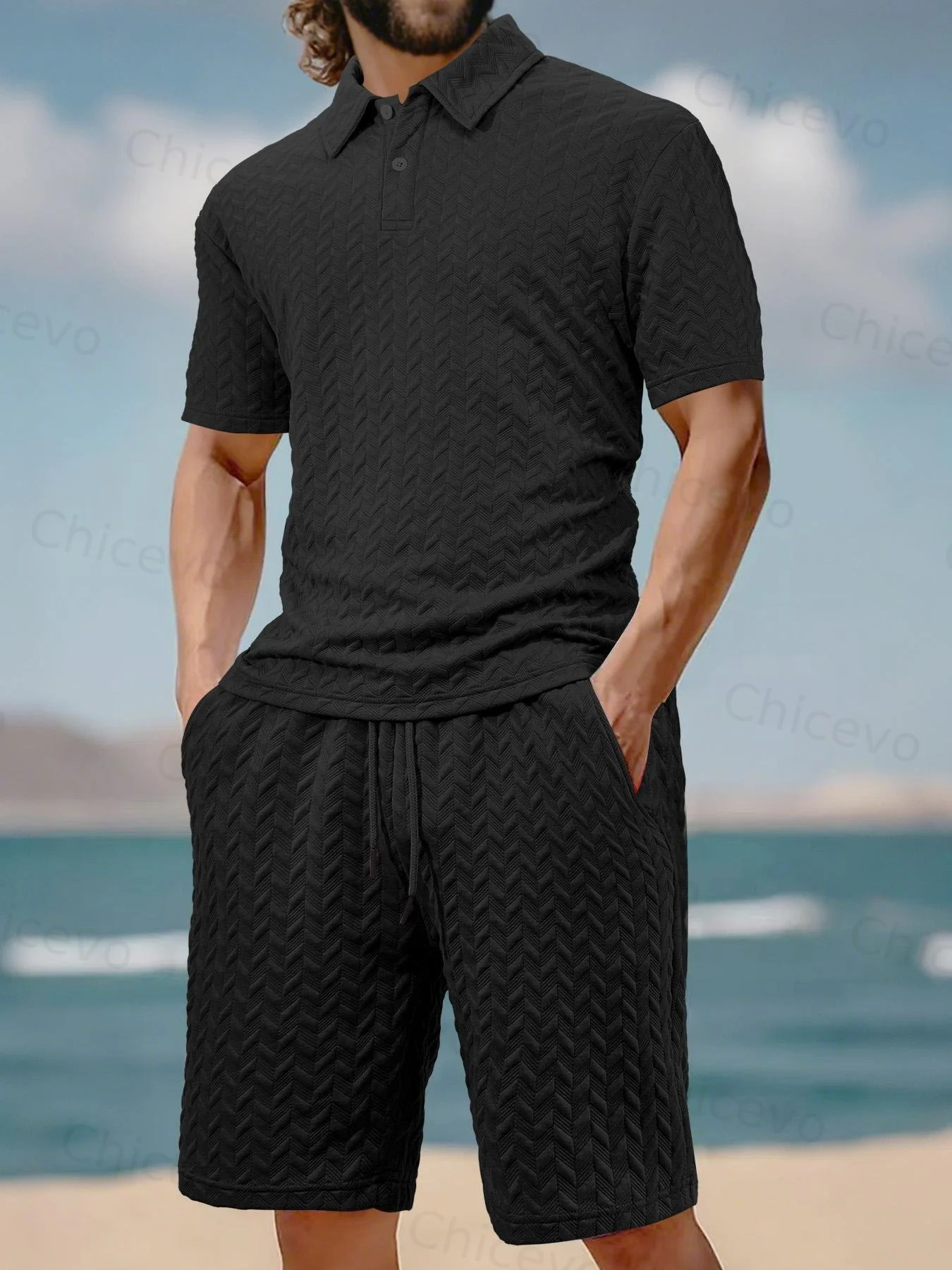 Men's Solid Polo Shirt & Drawstring Waist Shorts Set, Cozy Breathable Casual Two-piece Outfits for Daily Outdoor Wear, Men Clothes for Summer