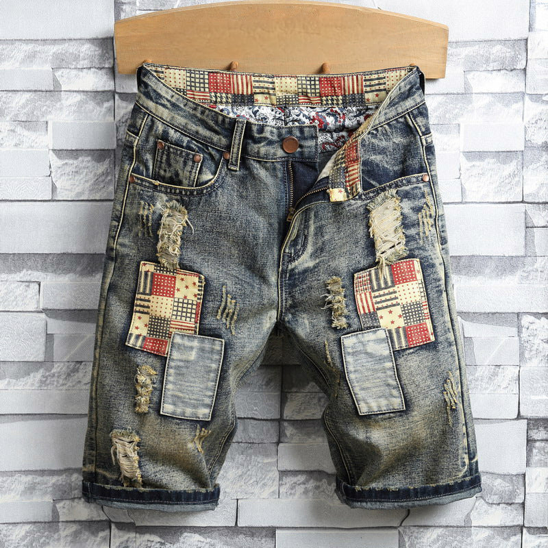 🩳 Men's Ripped Denim Shorts – Distressed, Patched, Retro Wash ✨