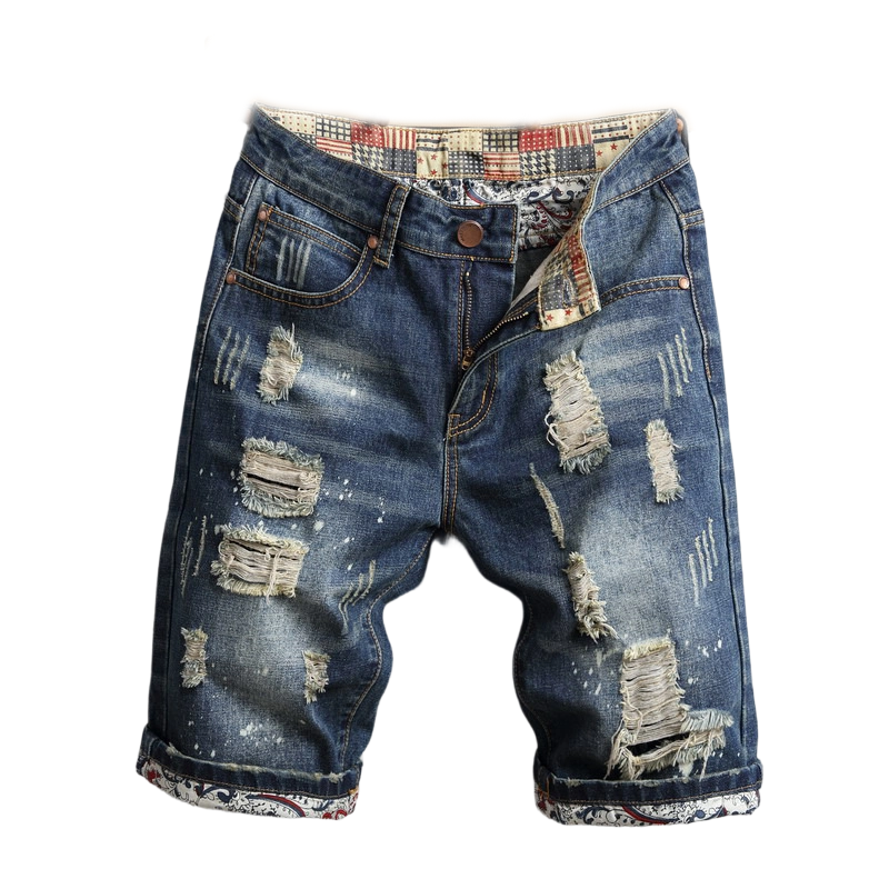 🩳 Men's Ripped Denim Shorts – Distressed, Patched, Retro Wash ✨
