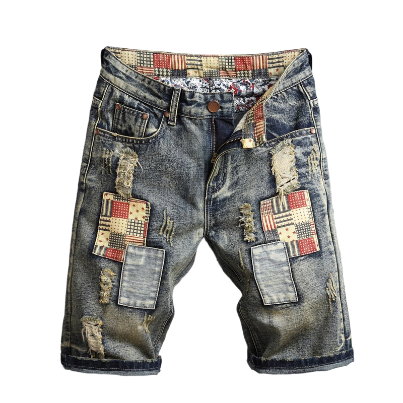 🩳 Men's Ripped Denim Shorts – Distressed, Patched, Retro Wash ✨