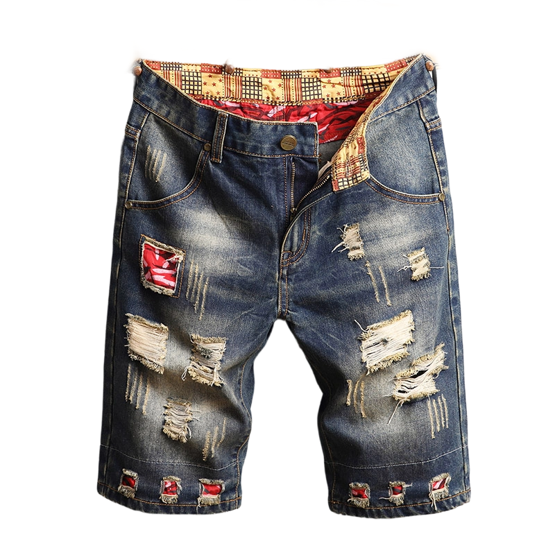 🩳 Men's Ripped Denim Shorts – Distressed, Patched, Retro Wash ✨