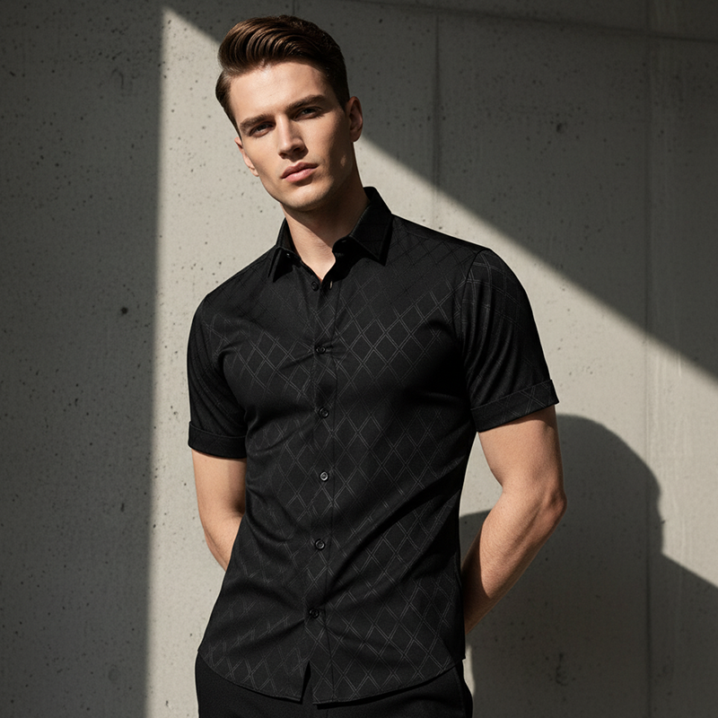 Men's Textured Black Short Sleeve Shirt