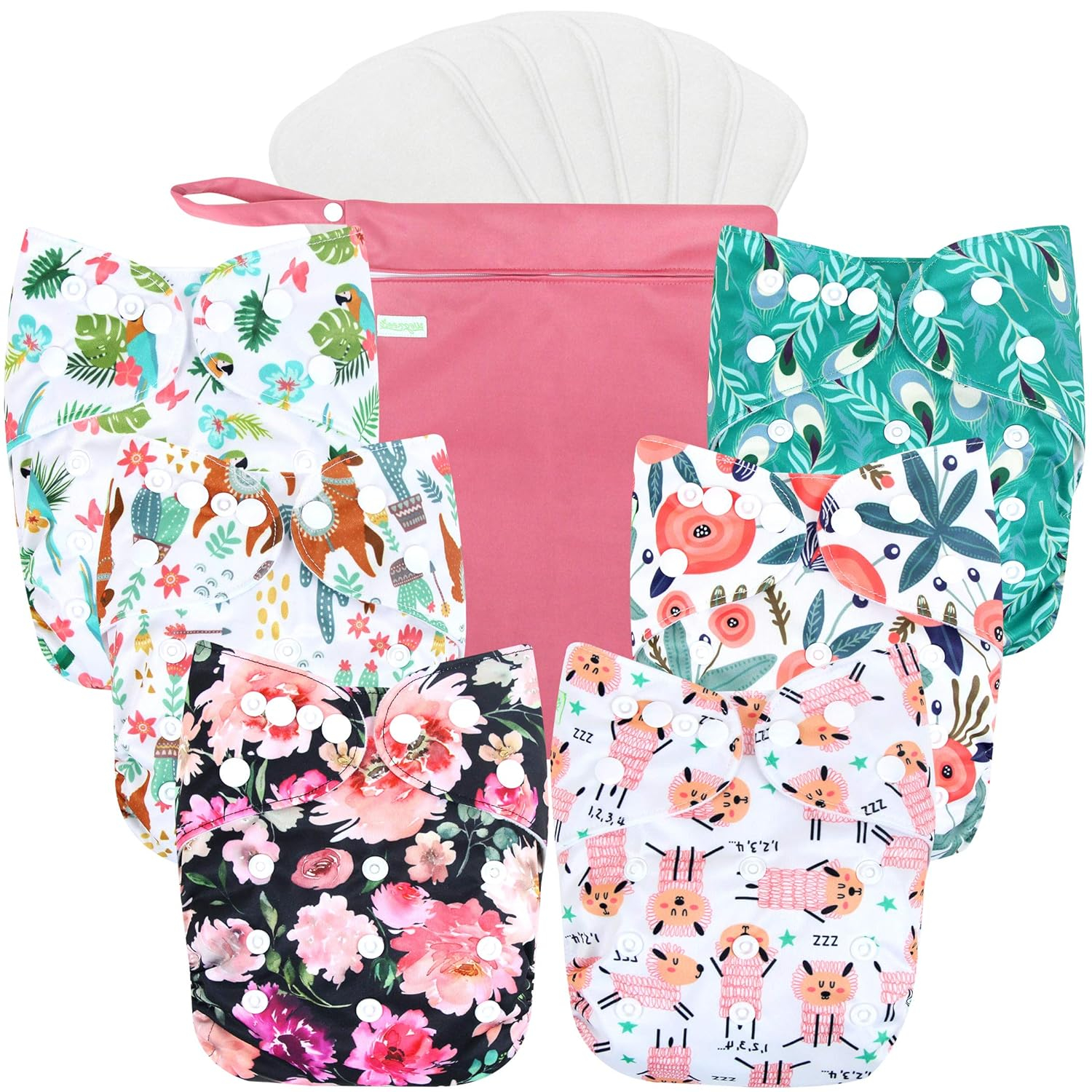 Resuable Baby Cloth Diapers, 6-Pack, 6 Inserts, 1 Wet Bag