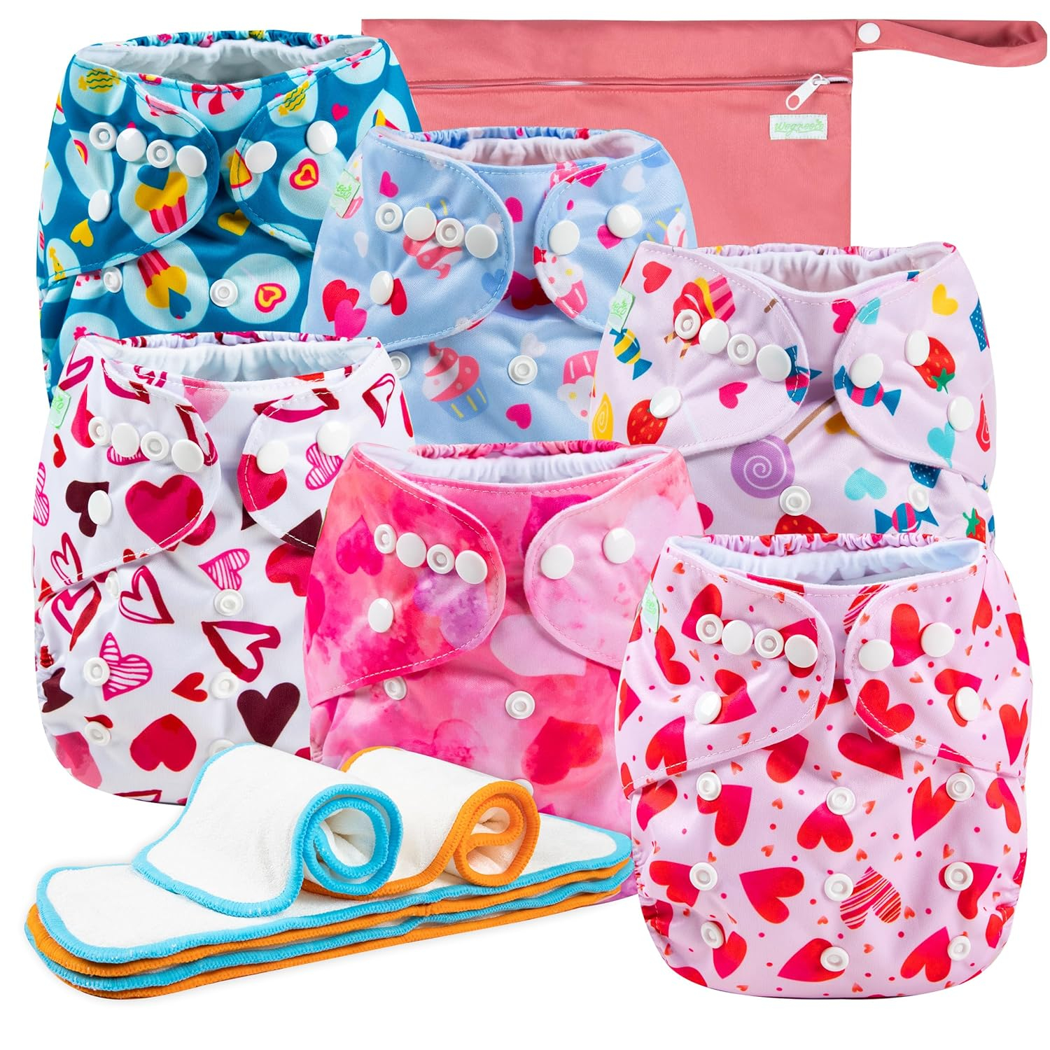 Resuable Baby Cloth Diapers, 6-Pack, 6 Inserts, 1 Wet Bag