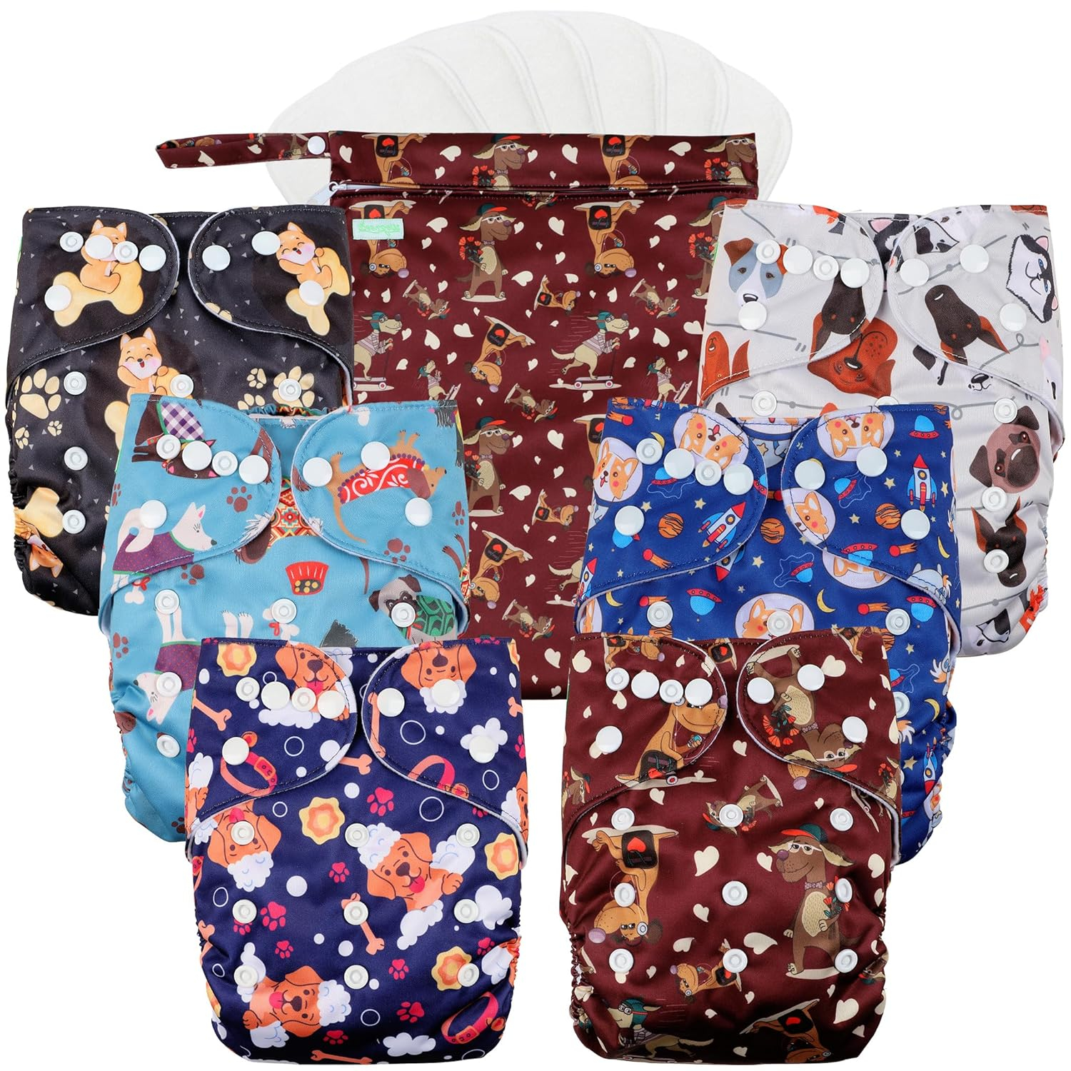 Resuable Baby Cloth Diapers, 6-Pack, 6 Inserts, 1 Wet Bag