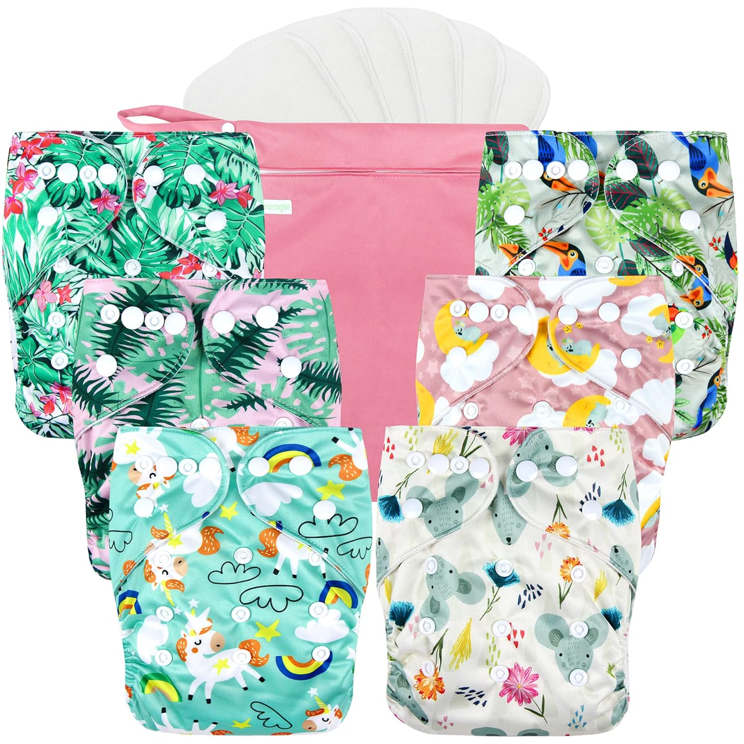 Resuable Baby Cloth Diapers, 6-Pack, 6 Inserts, 1 Wet Bag