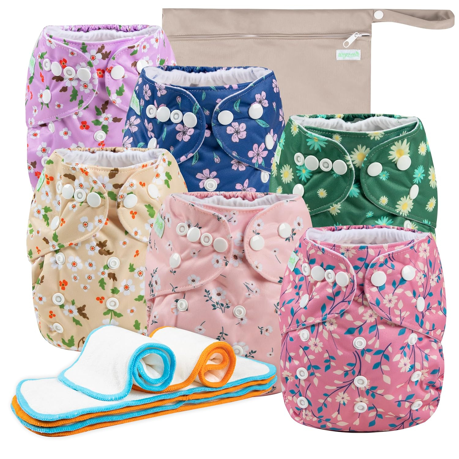 Resuable Baby Cloth Diapers, 6-Pack, 6 Inserts, 1 Wet Bag