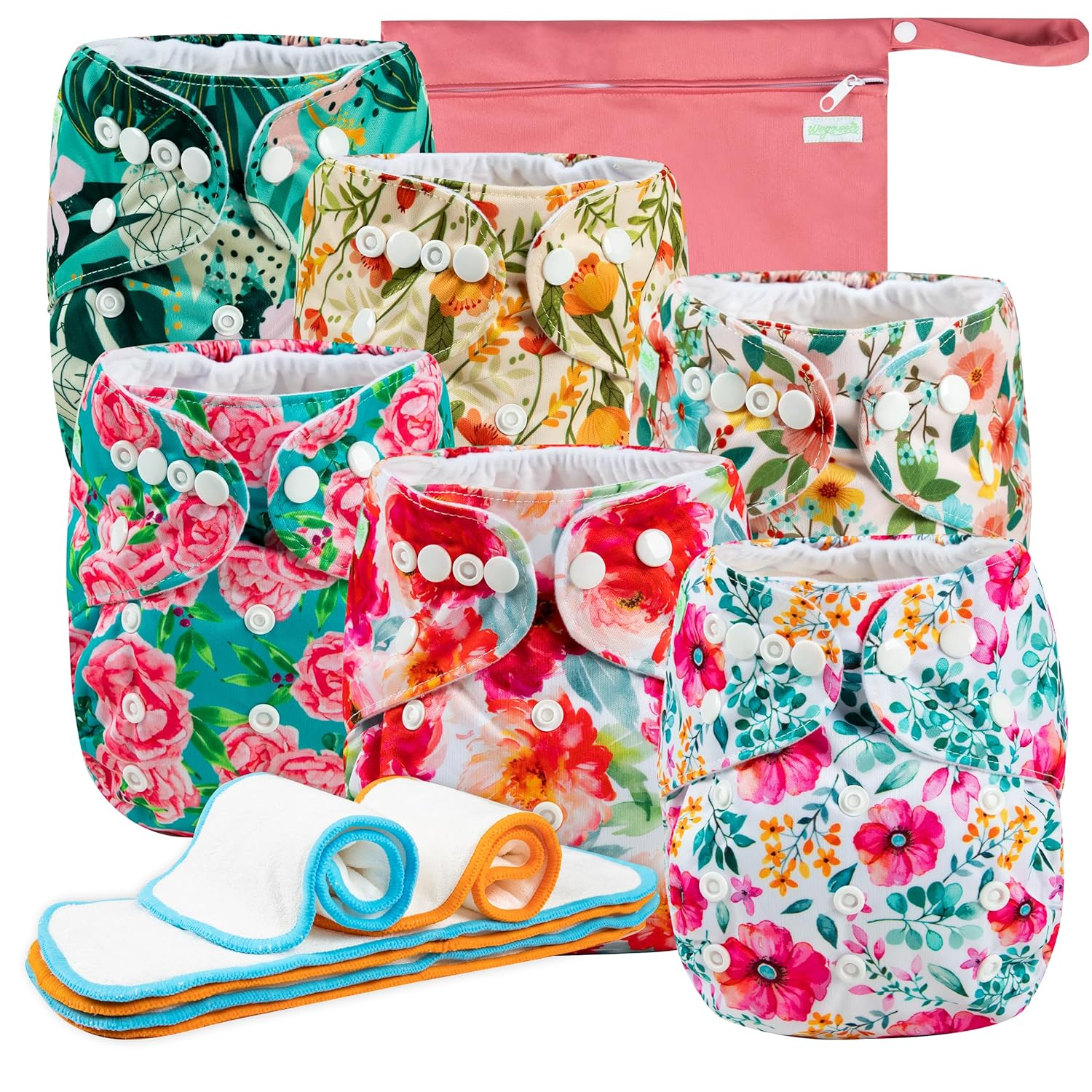 Resuable Baby Cloth Diapers, 6-Pack, 6 Inserts, 1 Wet Bag