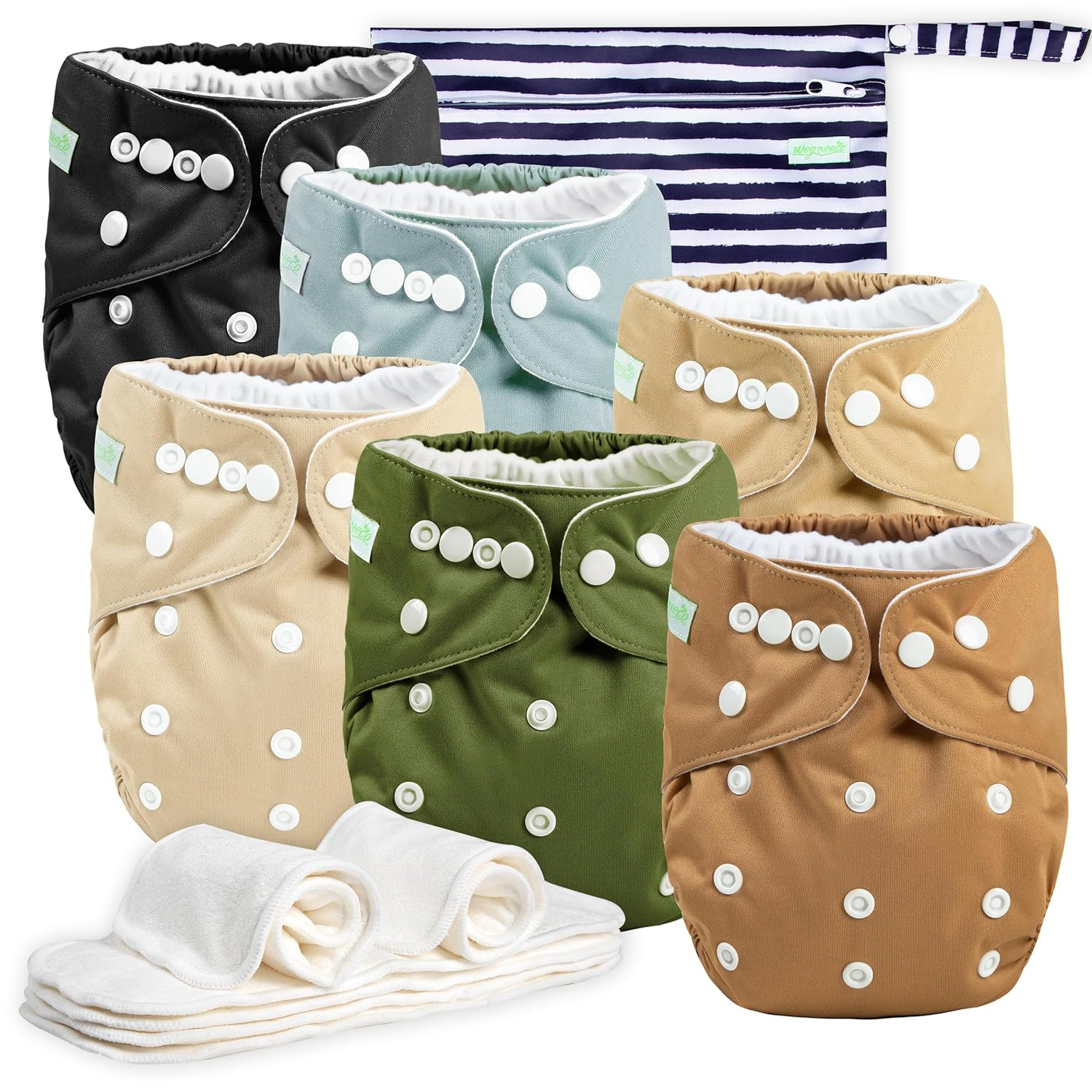 Resuable Baby Cloth Diapers, 6-Pack, 6 Inserts, 1 Wet Bag