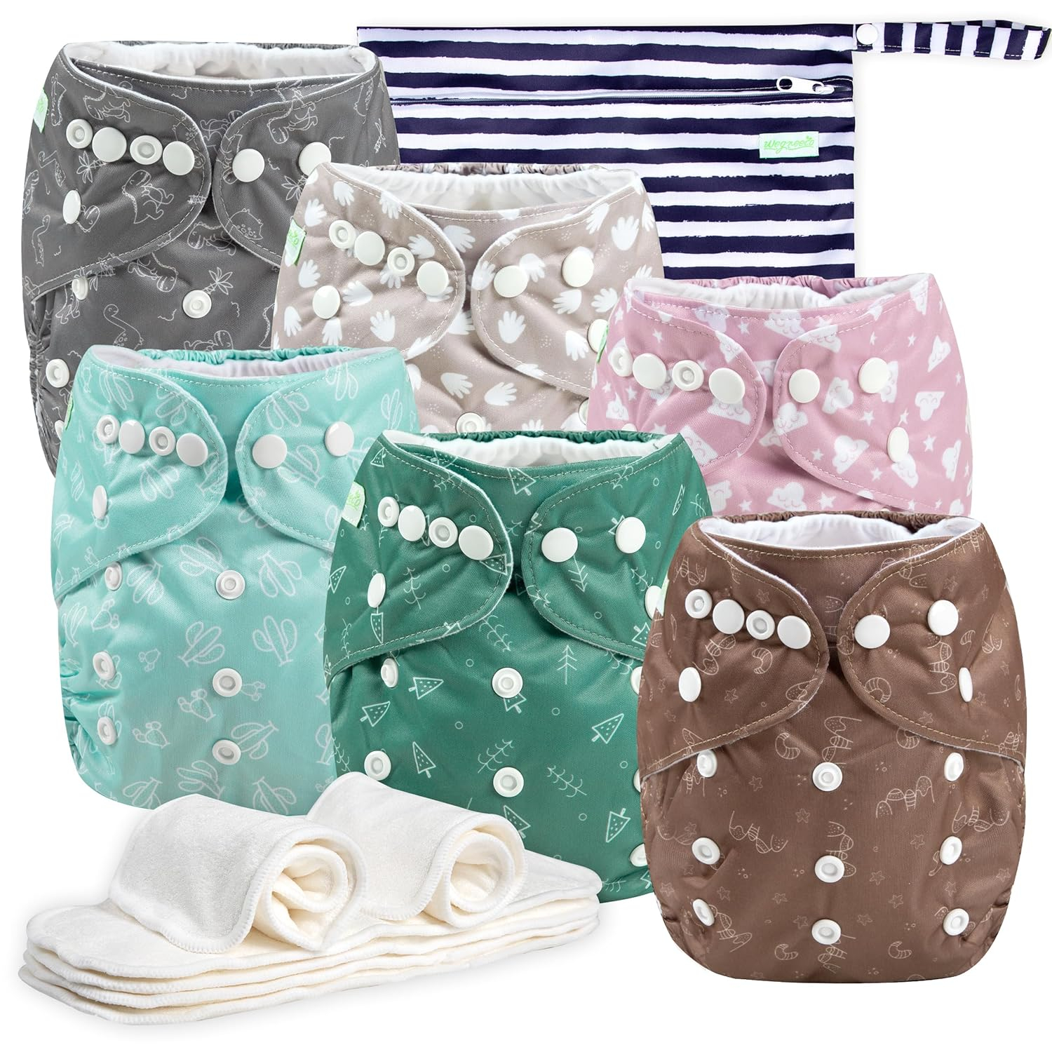 Resuable Baby Cloth Diapers, 6-Pack, 6 Inserts, 1 Wet Bag