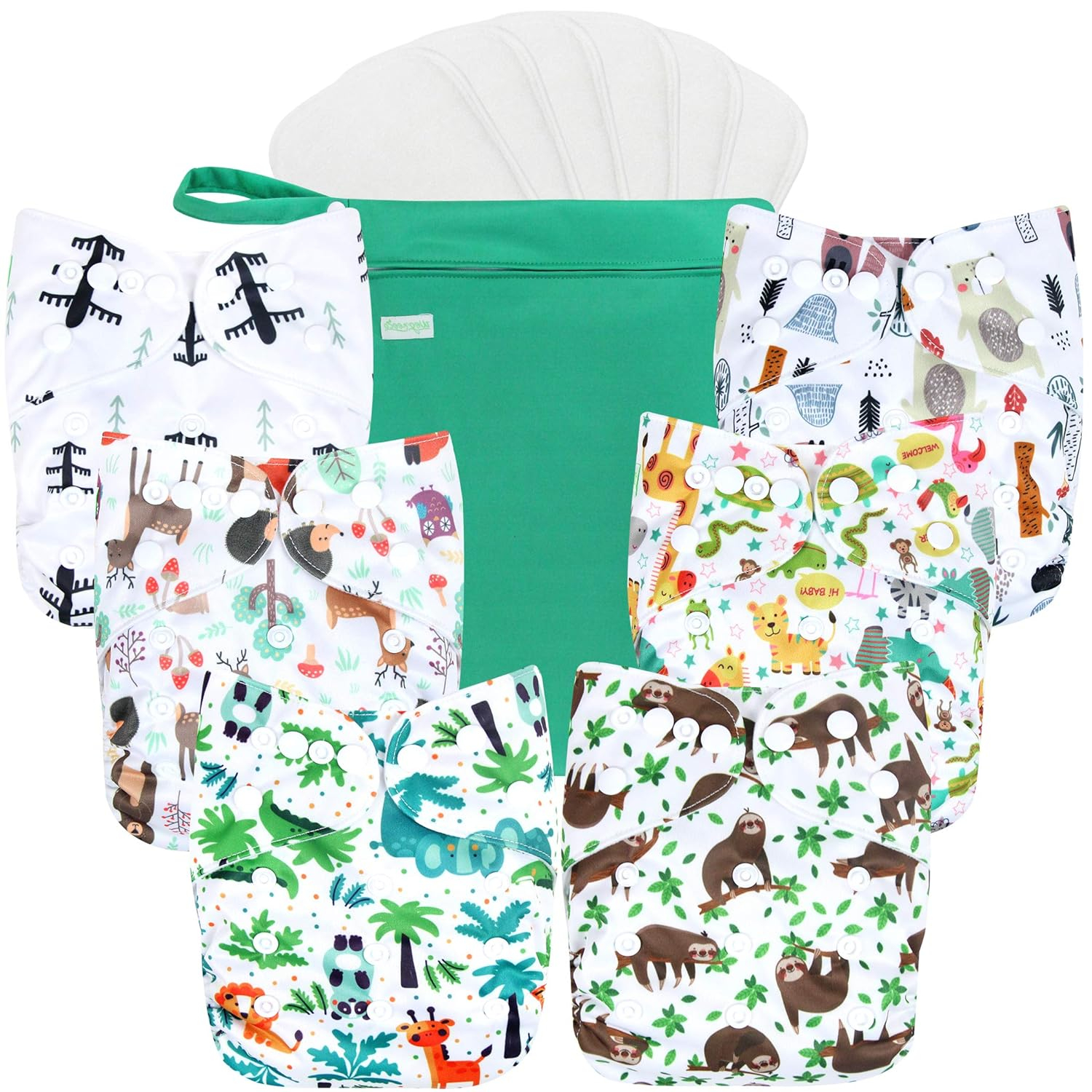 Resuable Baby Cloth Diapers, 6-Pack, 6 Inserts, 1 Wet Bag