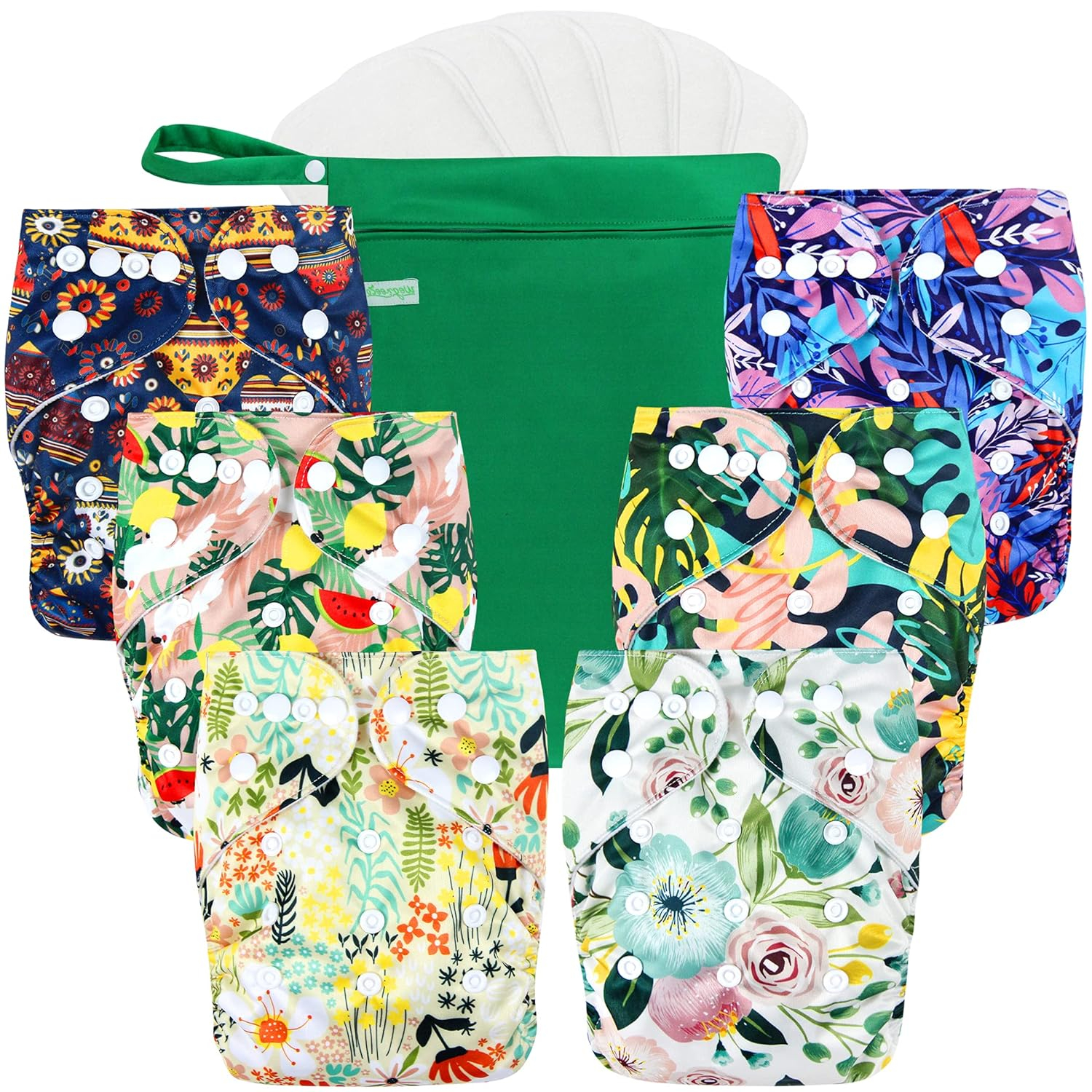 Resuable Baby Cloth Diapers, 6-Pack, 6 Inserts, 1 Wet Bag