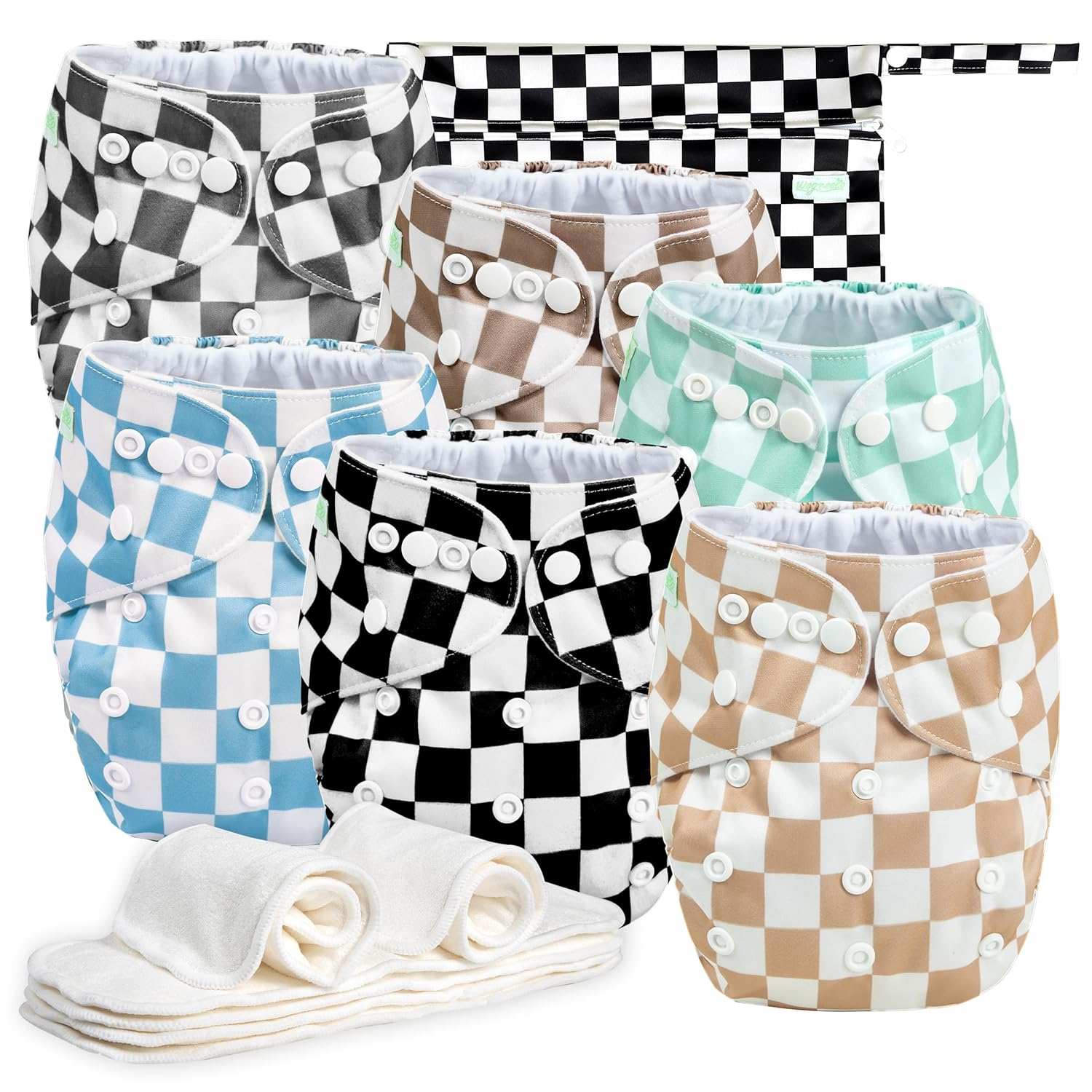 Resuable Baby Cloth Diapers, 6-Pack, 6 Inserts, 1 Wet Bag